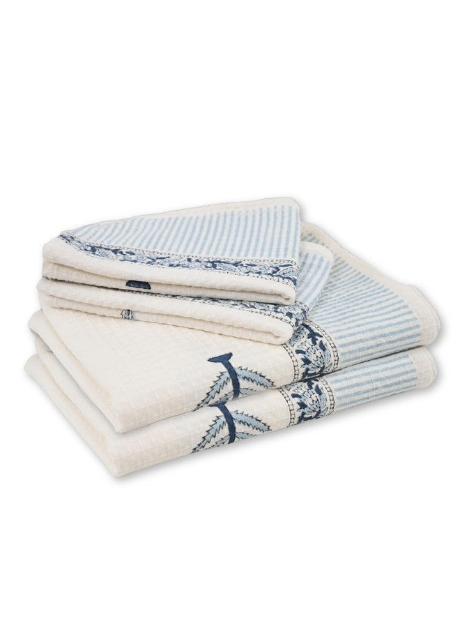 Peepul Tree Block Printed Hand and Bath Towels, Super Absorbent, Soft & Faster Drying, Floral Printed 100% Pure Cotton, 240 GSM (2 Hand 2 Bath Towel Set, Blue) - Image 1