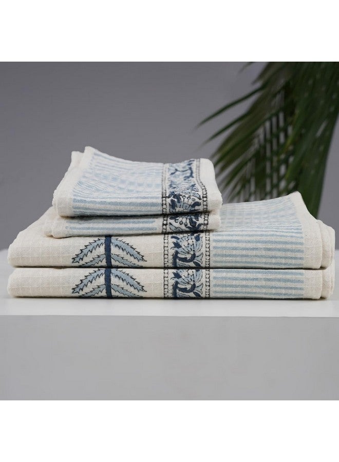 Peepul Tree Block Printed Hand and Bath Towels, Super Absorbent, Soft & Faster Drying, Floral Printed 100% Pure Cotton, 240 GSM (2 Hand 2 Bath Towel Set, Blue) - Image 2