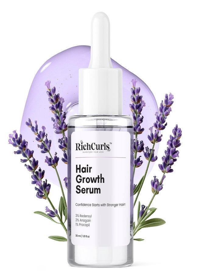RichCurls Hair Growth Serum (30ml) – 3% Redensyl, Caffeine & Rice Extract | Anti-Hair Fall Leave-In Formula for Women & Men | Lightweight Lavender Scalp & Follicle Strengthening Solution - Image 1