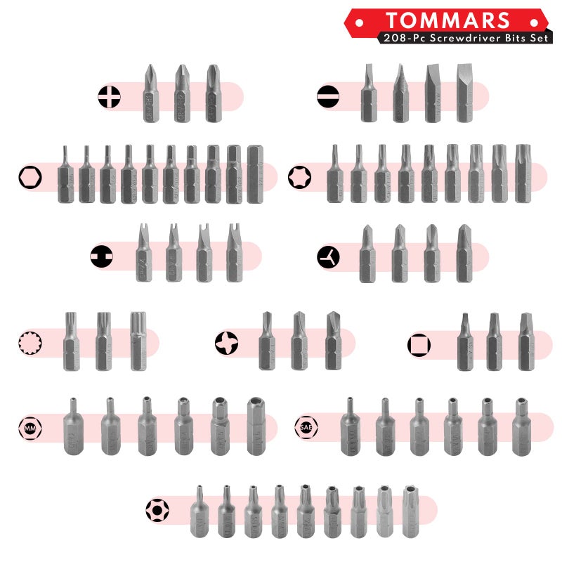 TOMMARS 208-Pc Master Screwdriver Bit Set, 1/4" Hex Shank Screwdriver Bits, Nut Driver and Security Bit Set - Image 4
