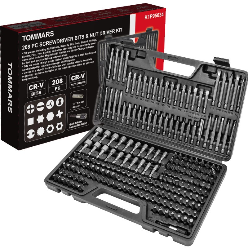 TOMMARS 208-Pc Master Screwdriver Bit Set, 1/4" Hex Shank Screwdriver Bits, Nut Driver and Security Bit Set - Image 1