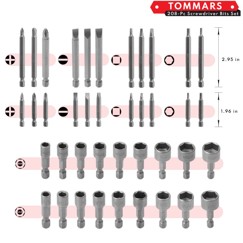 TOMMARS 208-Pc Master Screwdriver Bit Set, 1/4" Hex Shank Screwdriver Bits, Nut Driver and Security Bit Set - Image 3