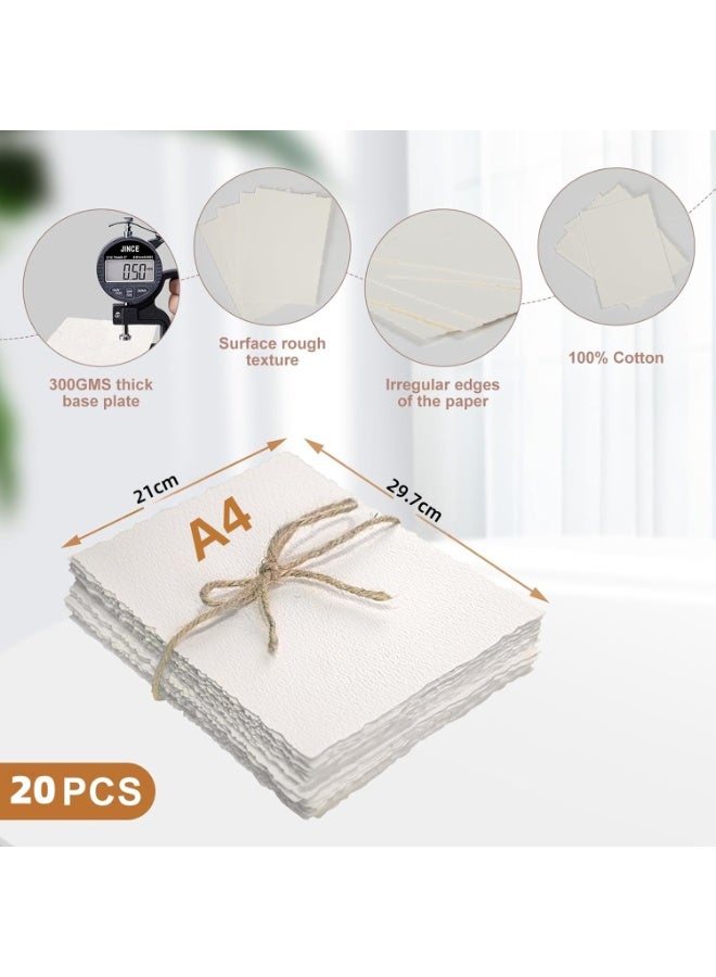 Premium A4 Handmade Watercolor Paper, 300GSM 100% Cotton Paper with Natural Deckle Edges - Cold Pressed Art Paper for Painting, Calligraphy, Wedding Invitations & Mixed Media (20 Sheets Pack) - White - Image 2