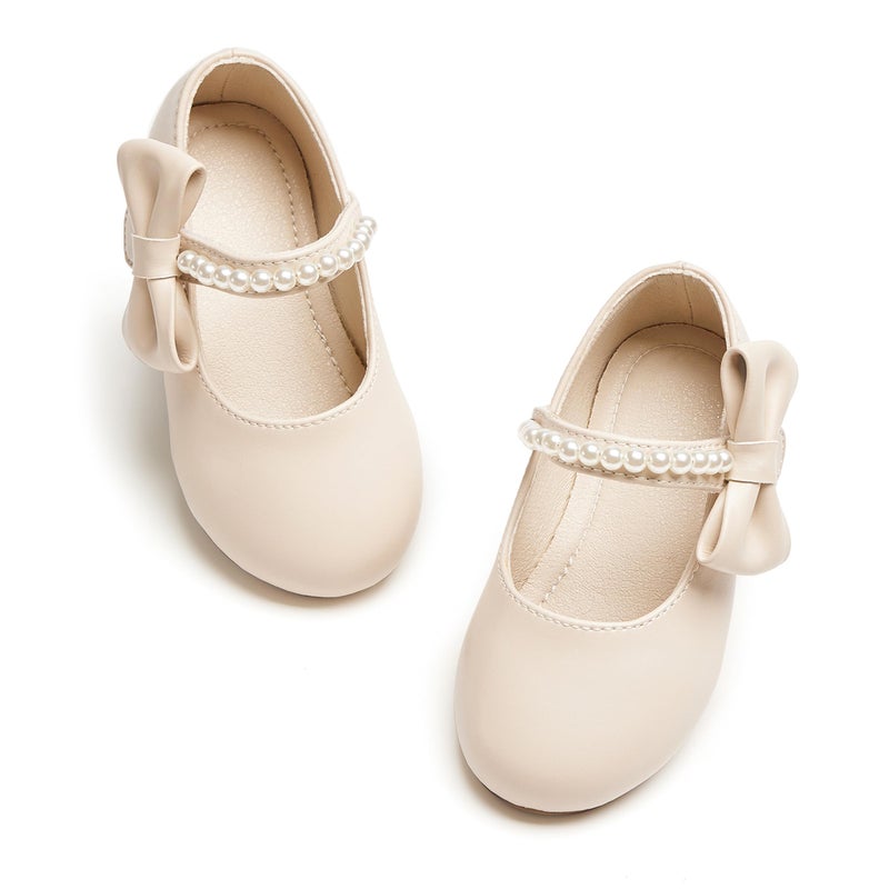 PHIRAMIN Toddler Flower Girl Beige Dress Shoes Size 5 - Little Girl Pearl Ballet Flats for Wedding - Image 1
