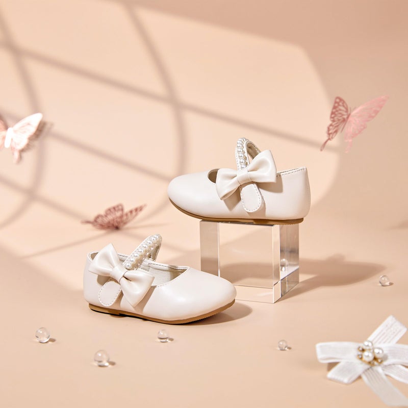 PHIRAMIN Toddler Flower Girl Beige Dress Shoes Size 5 - Little Girl Pearl Ballet Flats for Wedding - Image 3