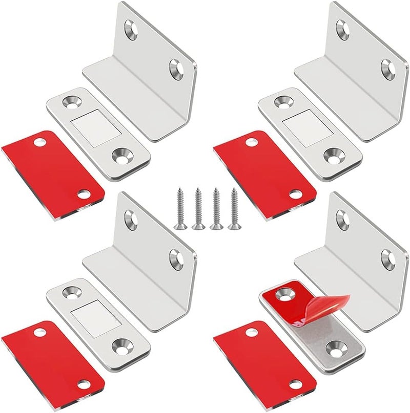 Boniry Magnetic Door Catch,Ultra Thin Cabinet Magnetic Catch with Strong Adhesive Sticker & Screws, Slim Drawer Magnets Locks Furniture Safety Latches (L-Shaped Silver, 4) - Image 1