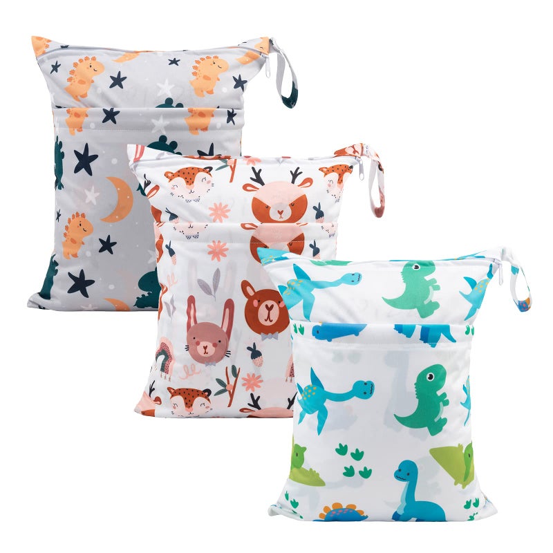 babygoal Wet Dry Bags for Baby Cloth Diapers Washable Travel Bags Beach Pool Gym Bag for Swimsuits Wet Clothes with Two Zippered Pockets 3 Pack 3LN23