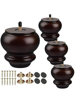 Generic Pack of 4 Classic Walnut Solid Wood 3 inch Furniture Legs with M8 Hanger Bolts & T-Nuts for DIY Sofa Couch Ottoman Bed Riser Cabinet Replacement Bun Feet  - Image 1