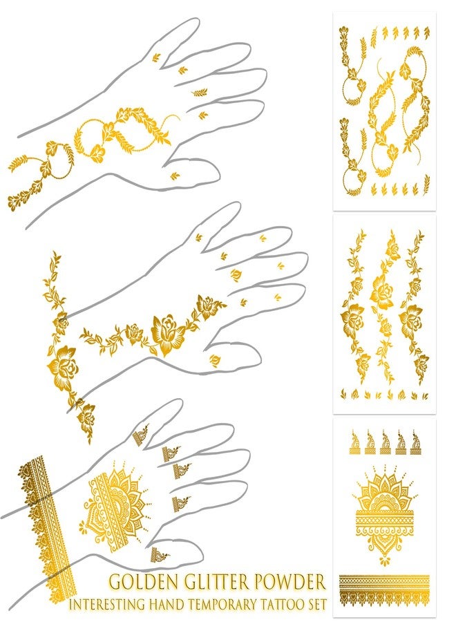 Roarhowl Metallic Gold Temporary Tattoostattoos for women and Girls, gold glitter tattoos,Floral Style Body Art Stickers, 8 Large Sheets (Colorful gold glitter-2) - Image 3