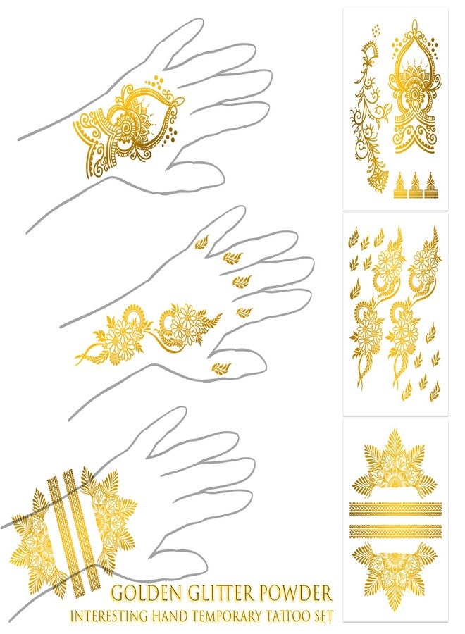 Roarhowl Metallic Gold Temporary Tattoostattoos for women and Girls, gold glitter tattoos,Floral Style Body Art Stickers, 8 Large Sheets (Colorful gold glitter-2) - Image 2