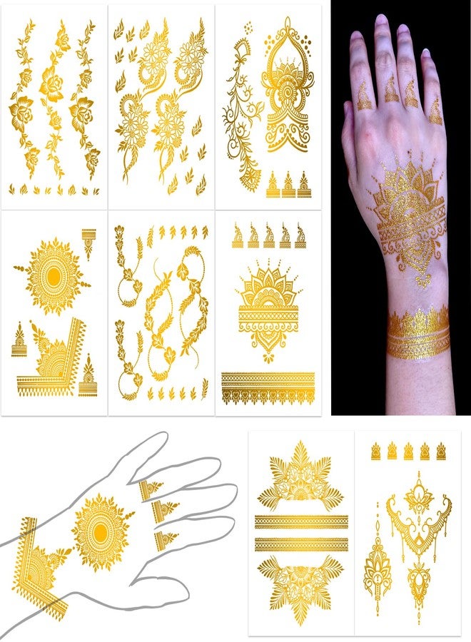 Roarhowl Metallic Gold Temporary Tattoostattoos for women and Girls, gold glitter tattoos,Floral Style Body Art Stickers, 8 Large Sheets (Colorful gold glitter-2) - Image 1