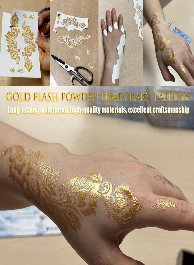 Roarhowl Metallic Gold Temporary Tattoostattoos for women and Girls, gold glitter tattoos,Floral Style Body Art Stickers, 8 Large Sheets (Colorful gold glitter-2) - Image 5