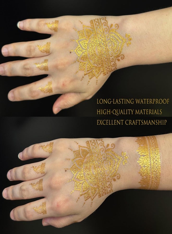 Roarhowl Metallic Gold Temporary Tattoostattoos for women and Girls, gold glitter tattoos,Floral Style Body Art Stickers, 8 Large Sheets (Colorful gold glitter-2) - Image 4