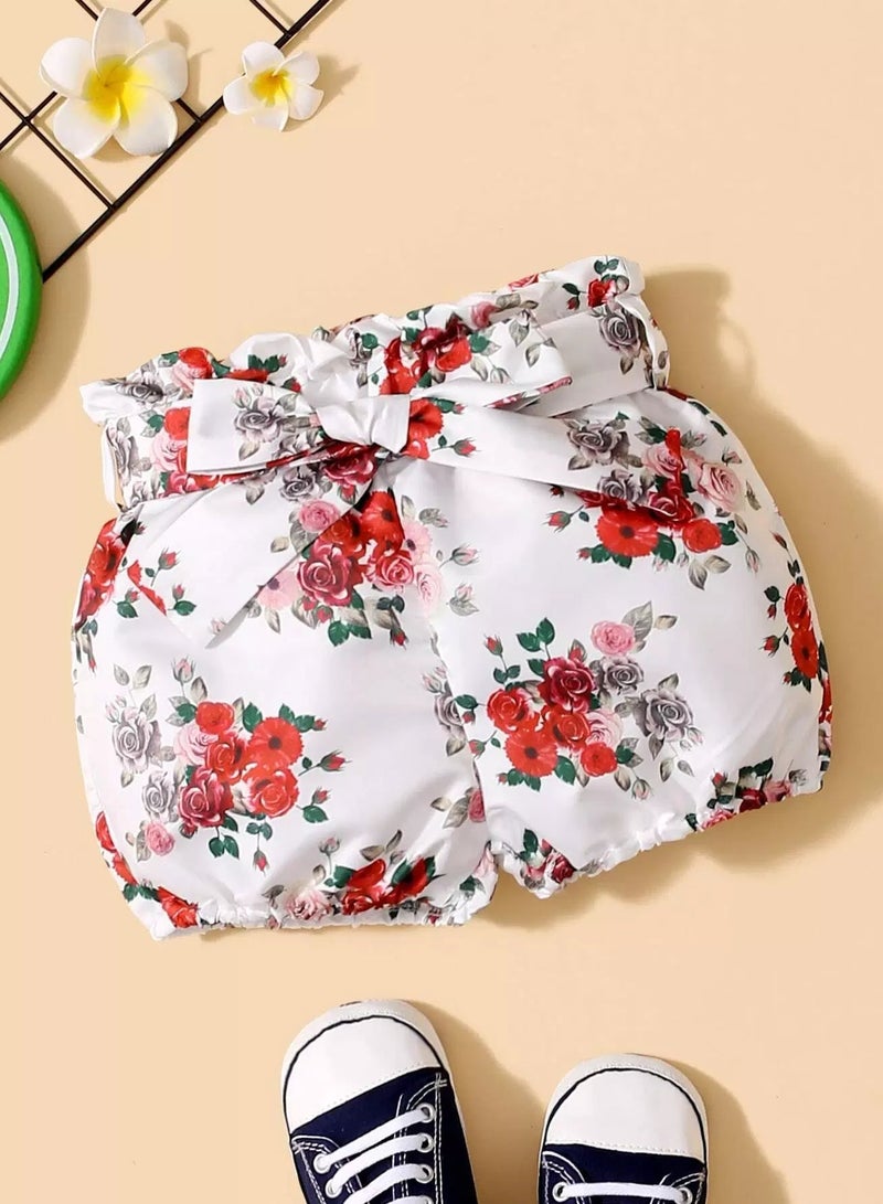 Baby Girl Floral Paperbag Waist Belted Shorts  - Image 1