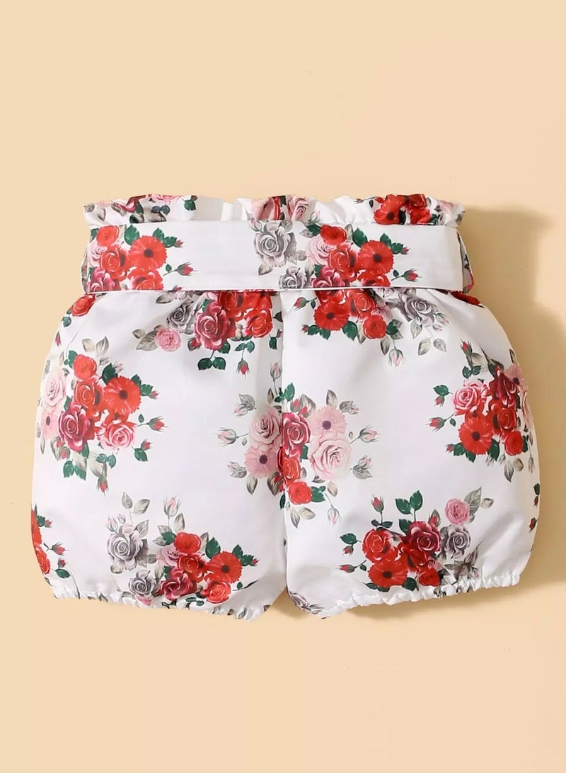 Baby Girl Floral Paperbag Waist Belted Shorts  - Image 2