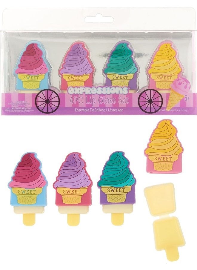 Expressions Expressions Girls Cosmetics Sweet Ice Cream Cone Popsicle Lip Gloss Collection – 4PC Set Novelty Pucker Pop Lip Balms  - Image 1