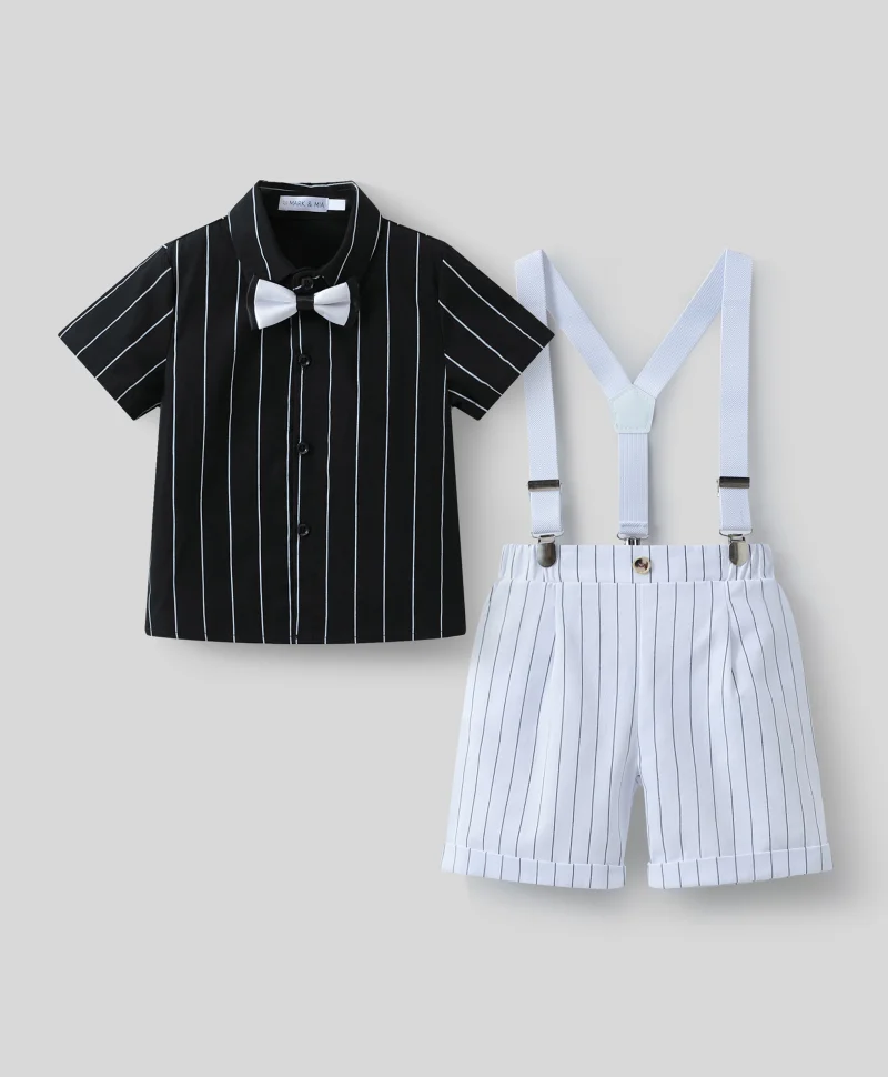 مارك وميا طقم حفلات مارك وميا قميص مخطط بأكمام قصيرة وشورت مع حمالات - أبيض وأسود