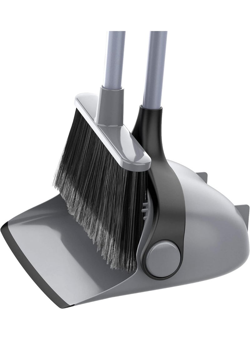 Broom and Dustpan Set with Long Handle, Upright Broom and Dustpan Combo for Floor Cleaning, Adjustable Handle, Gray - Image 1