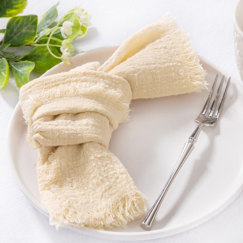 MLMC 10 Pack Beige Cream Linen Napkins Boho Washable Cloth Napkins with Fringe Reusable Rustic Gauze Dinner Table Decor 1717 for Wedding Party Bridal Baby Shower Spring Decor - Image 2