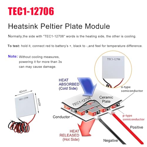 Aideepen 5PCS TEC1-12706 Peltier Module,Aideepen 12V 6A 60W Heatsink Thermoelectric Cooler Cooling Peltier Plate Module Peltier Cooler 40x40MM Compatible with Peltier Fan/Cold Plate - Image 2