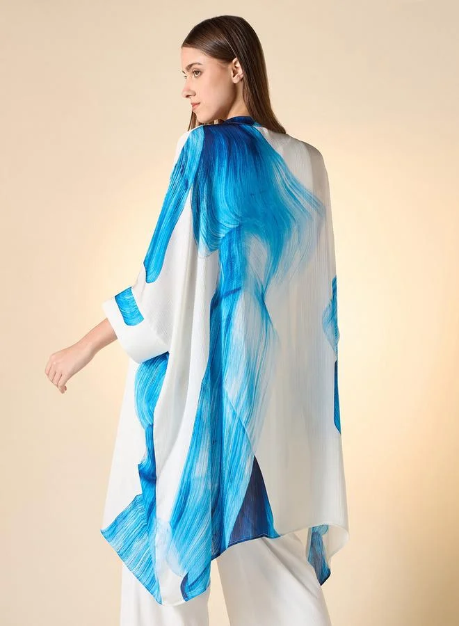 Iconic Iconic Printed Top with Mandarin Collar and Extended Sleeves
