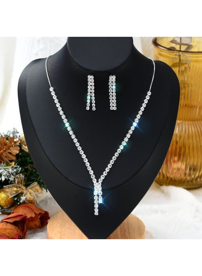 roaiss 3 Pcs Zircon Necklace Earrings Set Ear Drop Dangle Diamond Bridal Dress Accessories for Women Silver/Clear  - Image 5
