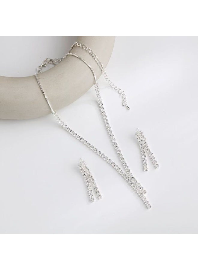 roaiss 3 Pcs Zircon Necklace Earrings Set Ear Drop Dangle Diamond Bridal Dress Accessories for Women Silver/Clear  - Image 3