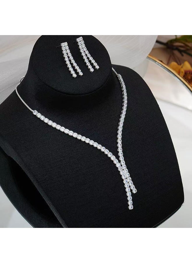 roaiss 3 Pcs Zircon Necklace Earrings Set Ear Drop Dangle Diamond Bridal Dress Accessories for Women Silver/Clear  - Image 4