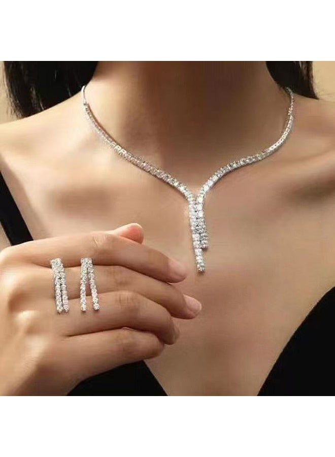 roaiss 3 Pcs Zircon Necklace Earrings Set Ear Drop Dangle Diamond Bridal Dress Accessories for Women Silver/Clear  - Image 1