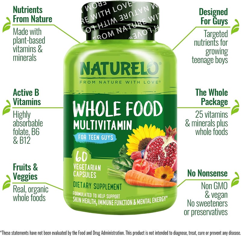 NATURELO فيتامينات متعددة للشباب من ناتشريلو  فيتامينات غذائية كاملة للأولاد المراهقين  مكملات المعادن للأطفال النشيطين  مع مستخلصات نباتية  غير معدلة وراثيًا  نباتية  60 كبسولة - Image 2