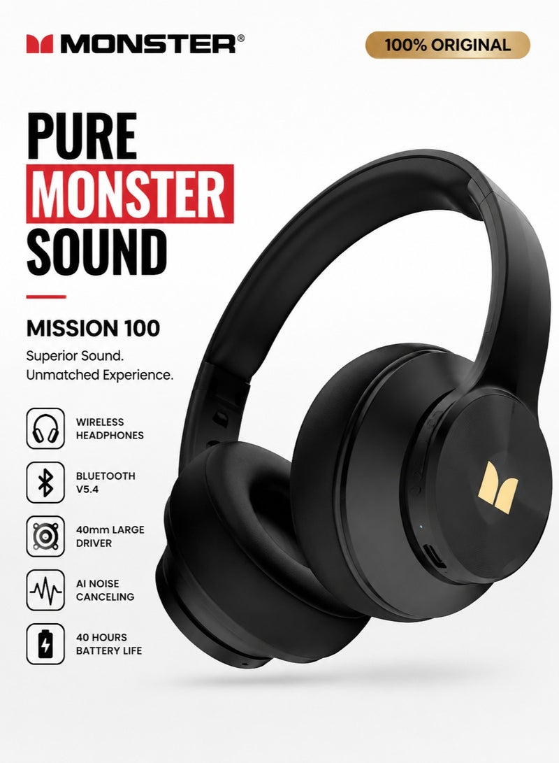 Monster Mission 100 Wireless Bluetooth Over-Ear Headphones, Immersive Monster Sound, AI Noise-Cancelling Mic, 40H Playtime, Bluetooth 5.4 Multipoint, Lightweight Comfortable Headset - Image 1