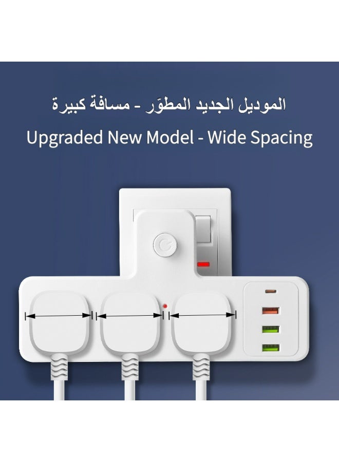 محول طاقة إطالة متعدد المقابس، محول طاقة إطالة عالمي مع 3 منافذ USB-A و 1 منفذ USB-C (منافذ شحن سريع)، مقبس شحن حائط إطالة بمقبس 3 طرق - Image 4