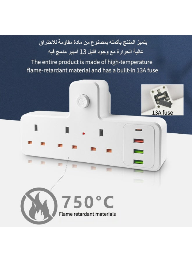 محول طاقة إطالة متعدد المقابس، محول طاقة إطالة عالمي مع 3 منافذ USB-A و 1 منفذ USB-C (منافذ شحن سريع)، مقبس شحن حائط إطالة بمقبس 3 طرق - Image 5
