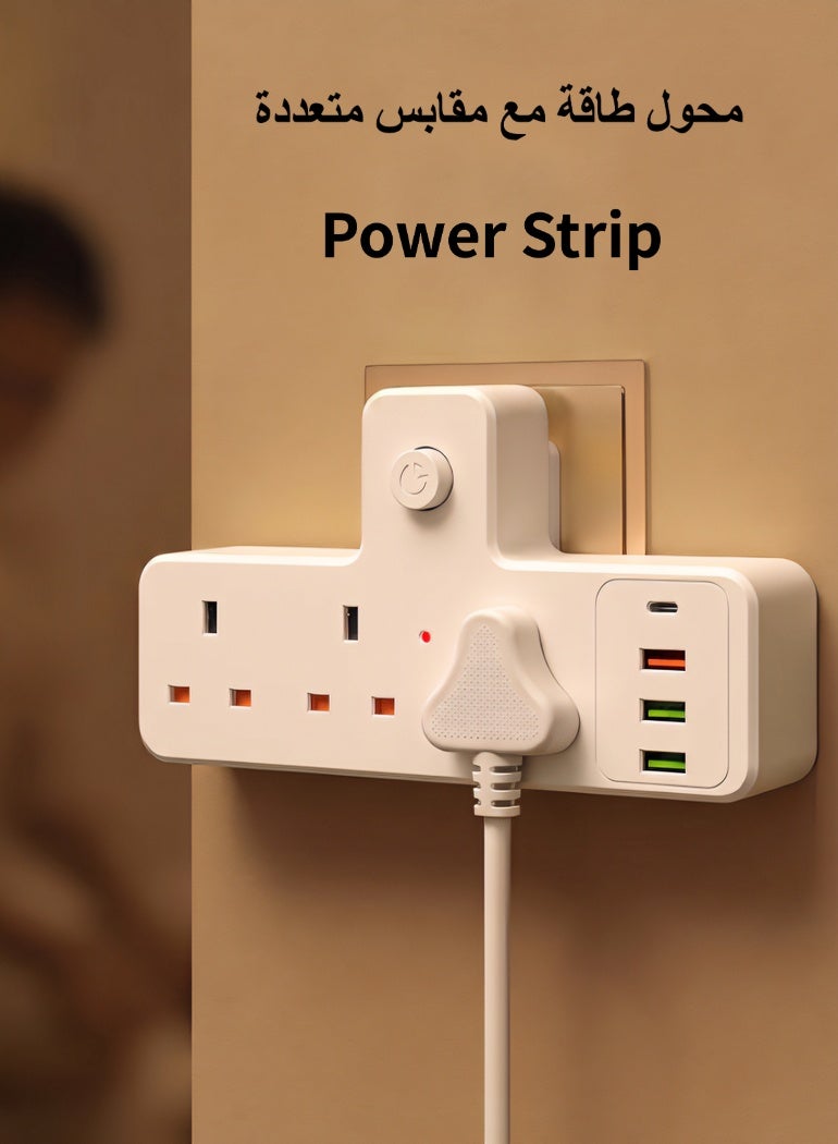 محول طاقة إطالة متعدد المقابس، محول طاقة إطالة عالمي مع 3 منافذ USB-A و 1 منفذ USB-C (منافذ شحن سريع)، مقبس شحن حائط إطالة بمقبس 3 طرق - Image 1