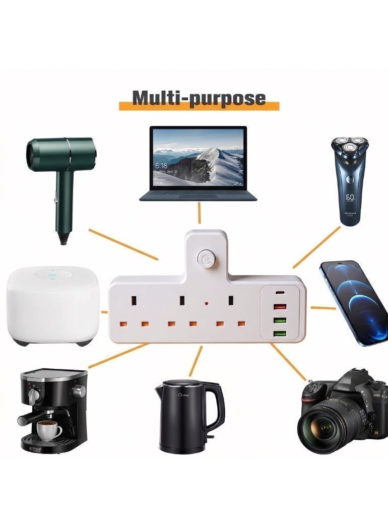 محول طاقة إطالة متعدد المقابس، محول طاقة إطالة عالمي مع 3 منافذ USB-A و 1 منفذ USB-C (منافذ شحن سريع)، مقبس شحن حائط إطالة بمقبس 3 طرق - Image 3