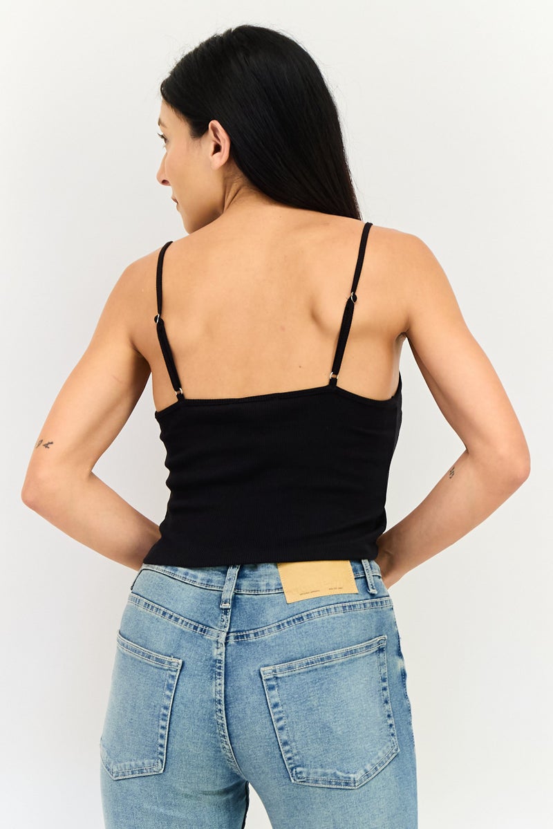 FOREVER 21 Women Scoop Neck Sleeveless Solid Crop Top, Black - Image 3