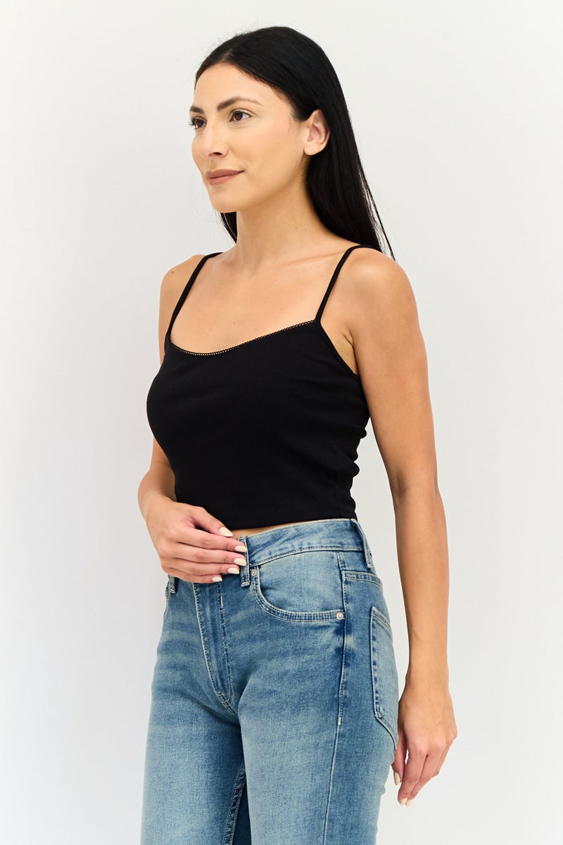 FOREVER 21 Women Scoop Neck Sleeveless Solid Crop Top, Black - Image 2