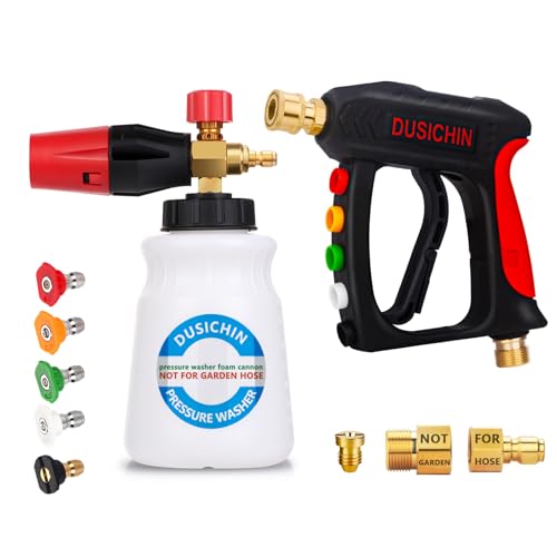 DUSICHIN Foam Cannon Short Pressure Washer Gun 14 Inch Quick Connector5 Pressure Washer Nozzle Tips Car Wash Foam Gun 38 Swivel Quick ConnectorM2214mm M2215mm FittingNot Use with Garden Hose - Image 1