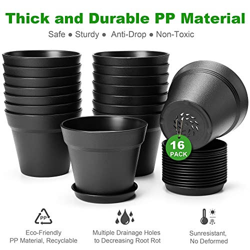 FHWTY 16 Pack Plastic Plant Pots with Drainage Holes and Tray, 4 inch Thickened Indoor Planters Seedlings Nursery Pots for Flowers, African Violet, Succulent and All House Plants, Black - Image 4