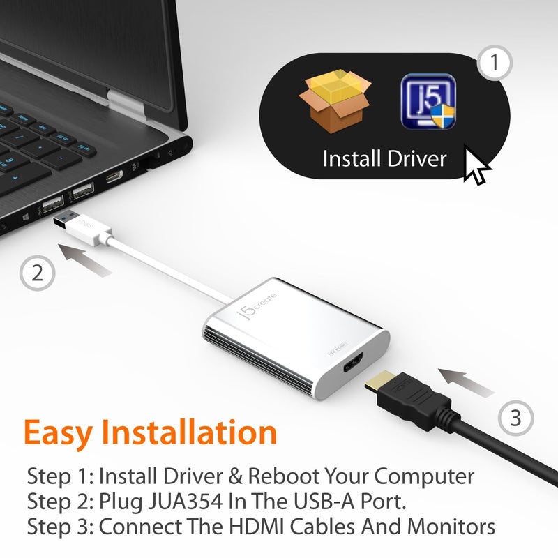 j5create USB 3.0 to 4K HDMI Display Adapter USB 3.0 Male Type-A Connector | HDMI Female Connector | 4K UHD | Resolution Up to 3840 x 2160 @ 30 Hz | Aluminum Housing (JUA354) - Image 4
