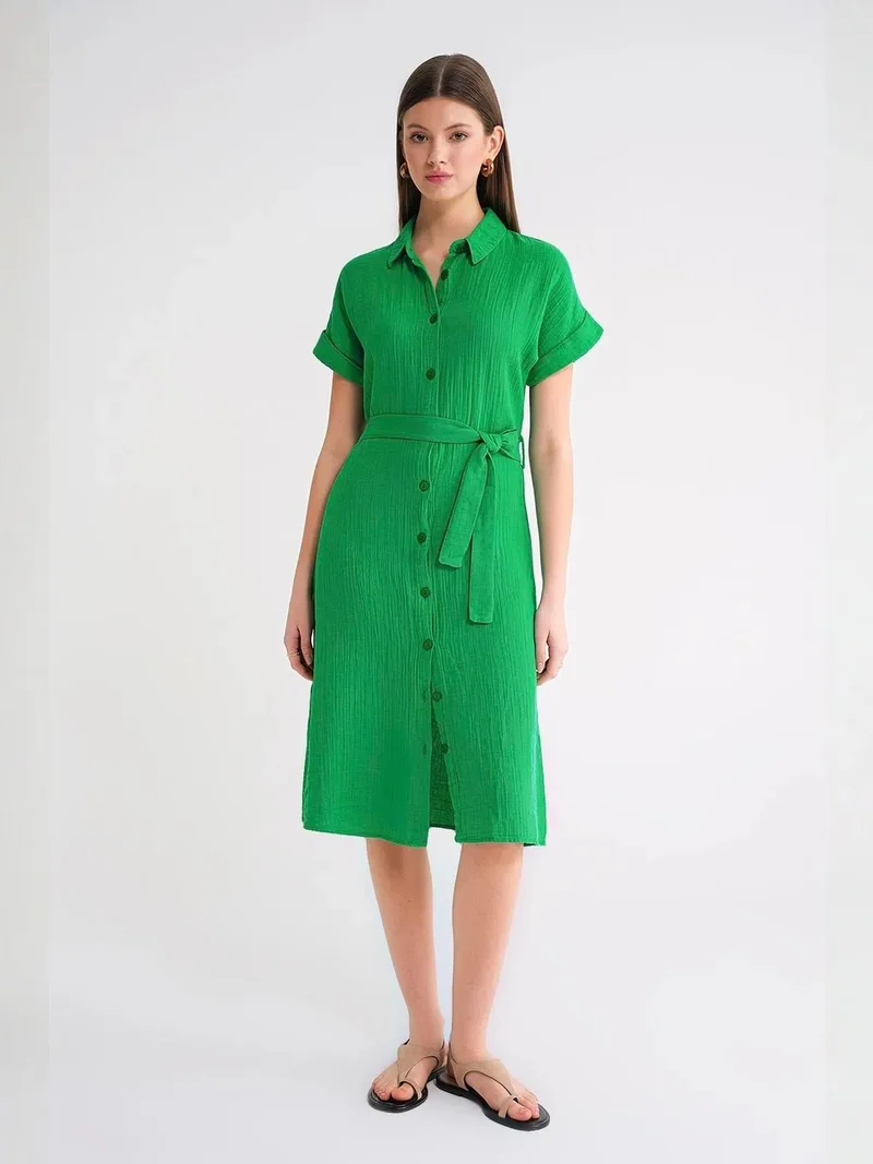 ميكسراي Mixray Relaxed Fit Midi Dress with Shirt Collar and Buttons