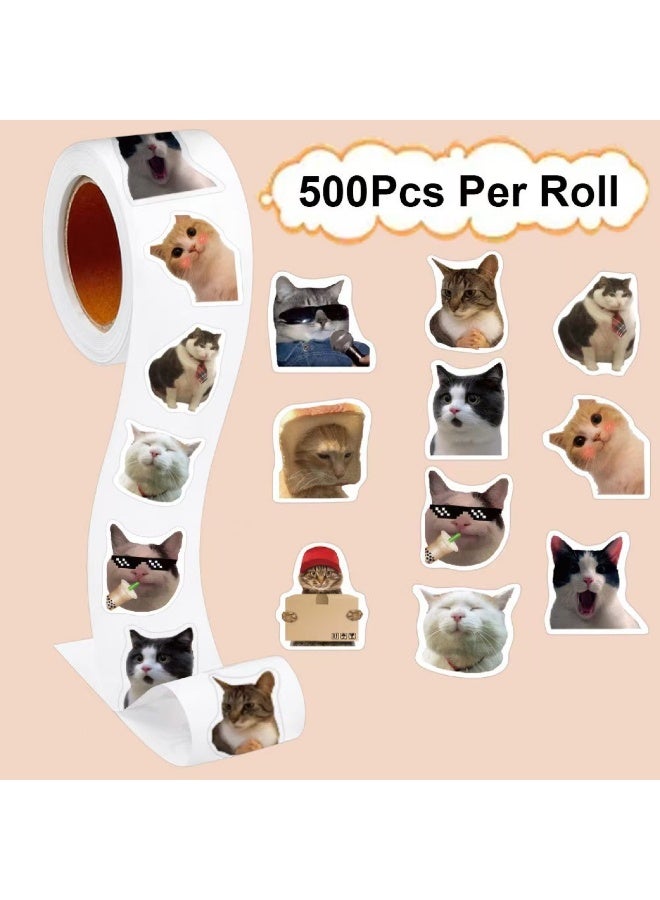 500PCS Cat Meme Stickers Roll 10 Styles Funny Cat Stickers Cute Animal Decals Vinyl Waterproof Sticker Cute Sticker Pack (500 Per Roll) - Image 1