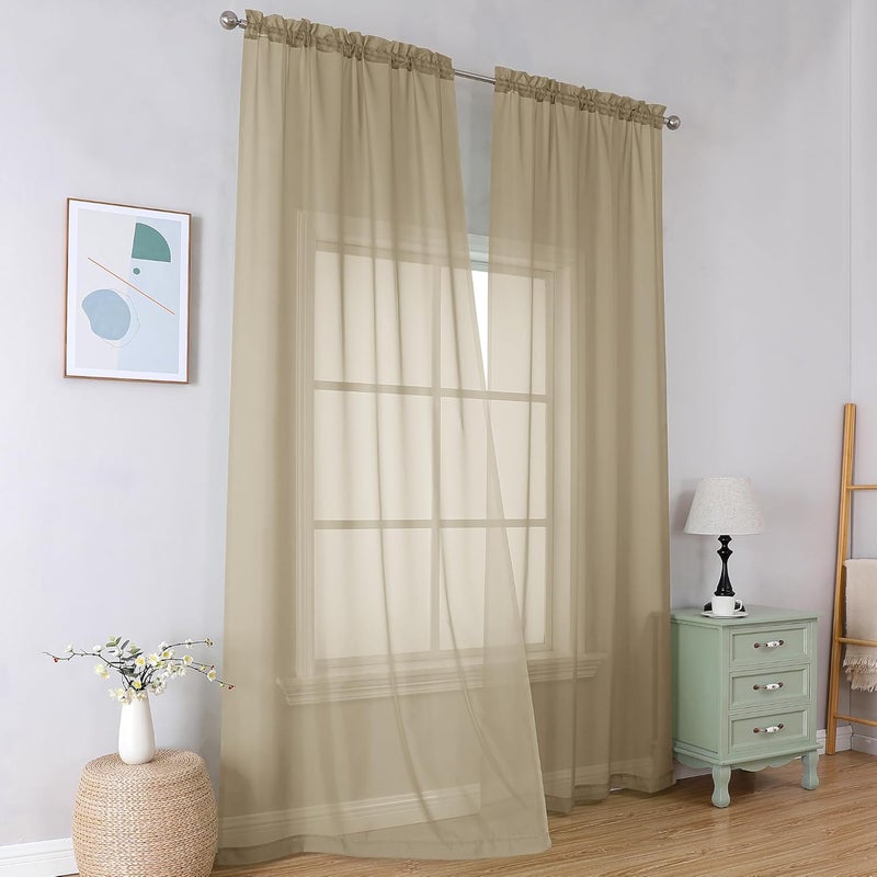 SimpleBrand Taupe Sheer Curtains 96 Inches Long, Light Filtering Light Brown Rod Pocket Solid Color Window Sheer Curtain Panels, Elegant Curtains & Drapes for Living Room, Bedroom 2 Panels, 42" W - Image 1