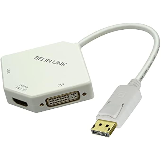 BELIN LINK DP TO HDMI VGA DVI ADAPTER DISPLAYPORT TO HDMI 4K ADAPTER 3 IN 1 DISPLAY PORT TO HDMI VGA DVI CONVERTER MALE TO FEMALE GOLD-PLATED DIAMOND SHAPED (WHITE) - Image 1