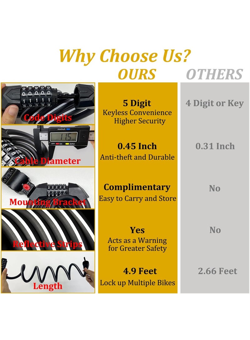 Excefore Bike Lock Cable, High Security 5-Digit Resettable Combination Bicycle Lock, Heavy Duty Braided Steel Coiled Cable Anti-Theft with Mounting Bracket for Scooter, Outdoor Equipment - Image 2