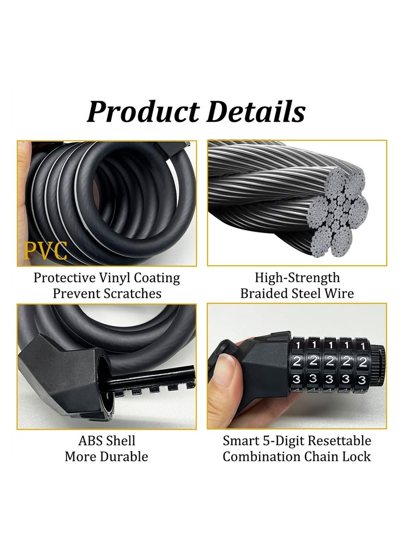 Excefore Bike Lock Cable, High Security 5-Digit Resettable Combination Bicycle Lock, Heavy Duty Braided Steel Coiled Cable Anti-Theft with Mounting Bracket for Scooter, Outdoor Equipment - Image 3