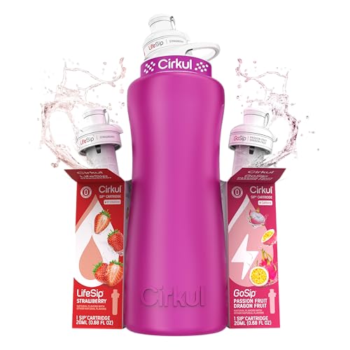 Cirkul 32oz. Hot Pink Stainless Steel Water Bottle Starter Kit with Pink Lid and 2 Flavor Cartridges (1 LifeSip Strawberry, 1 GoSip Passion Fruit Dragon Fruit) No Sugar, Zero Calorie Drink Mix - Image 1