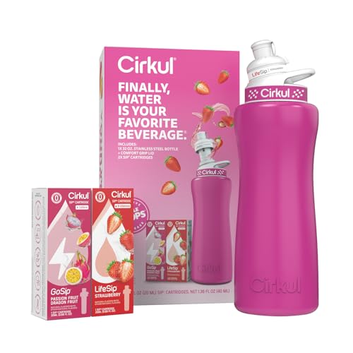 Cirkul 32oz. Hot Pink Stainless Steel Water Bottle Starter Kit with Pink Lid and 2 Flavor Cartridges (1 LifeSip Strawberry, 1 GoSip Passion Fruit Dragon Fruit) No Sugar, Zero Calorie Drink Mix - Image 2