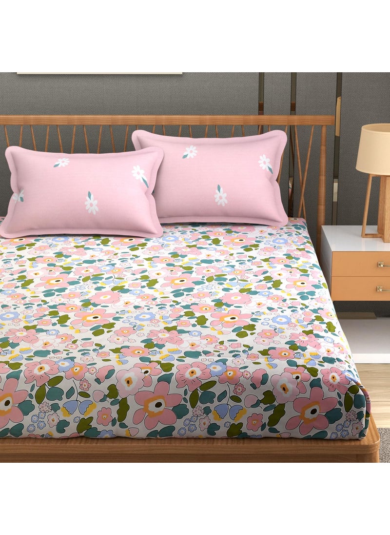 Homefab India Homefab India 210 TC Glace Cotton King Size BedSheet with 2 Pillow Covers - (108x92 inches) - Floral, Pink  - Image 2
