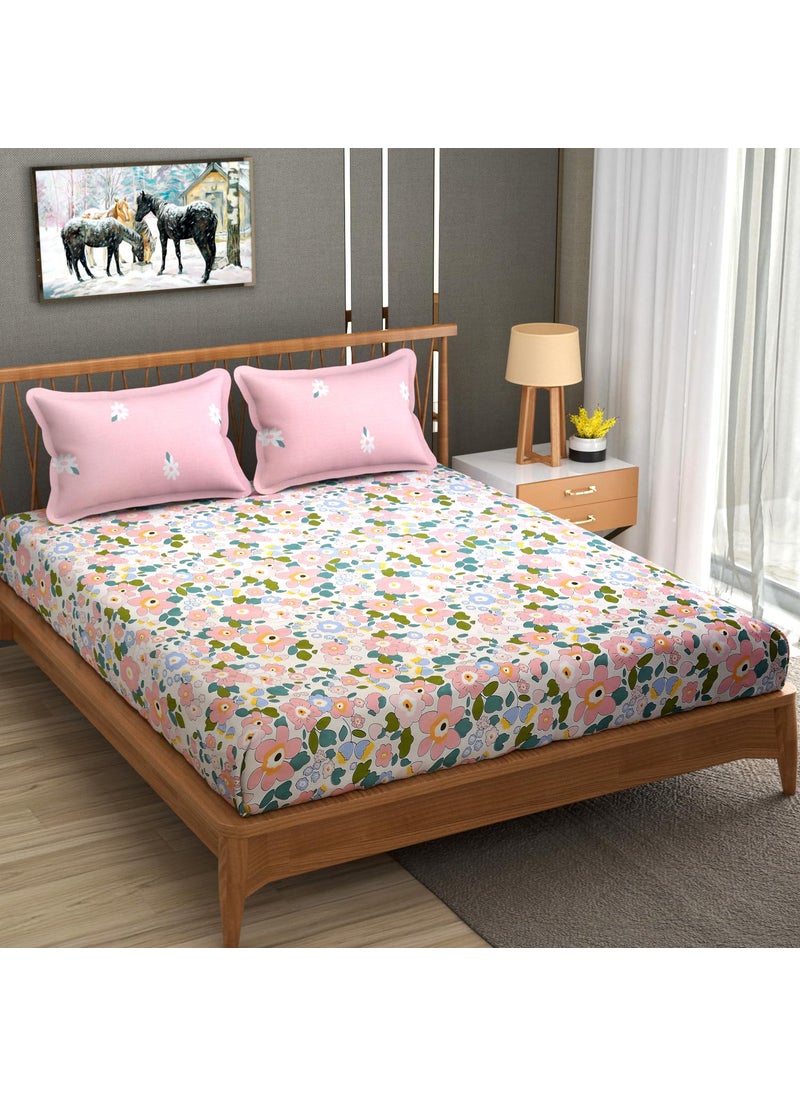 Homefab India Homefab India 210 TC Glace Cotton King Size BedSheet with 2 Pillow Covers - (108x92 inches) - Floral, Pink  - Image 1